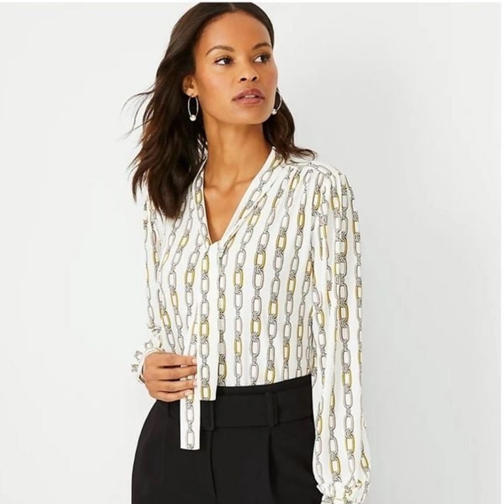 Ann Taylor | Petite Chain Print Tie Neck Top